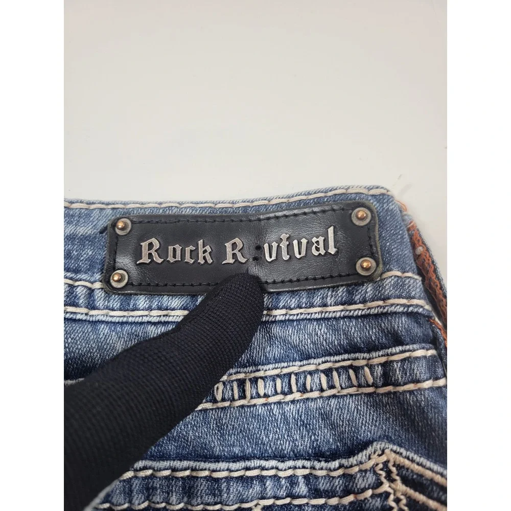 Rock Revival Bianca Bootcut Jeans‎ Womens 28 Blue Excellent Fleur-De-Lis Stitch
